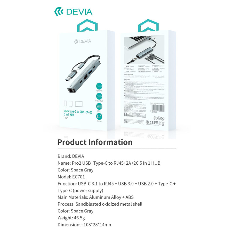 HUB Type-C 5 en 1 DEVIA USB*2 + PD 3.0 + RJ45 — Devia · Smarty Paris 18e